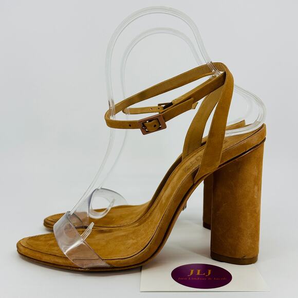 Schutz Women's Geisy Toasted Nut Suede Illusion Ankle Strap Block Heels Size 7.5 - Picture 5 of 11